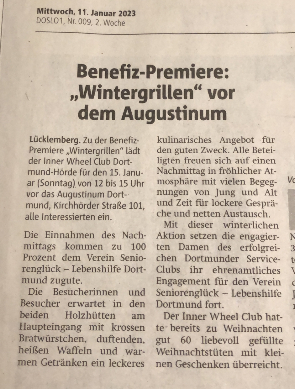 Benefiz-Premiere: "Wintergrillen" vor dem Augustinum, Bericht in der WAZ vom 11.01.2023