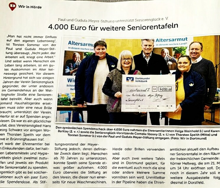 Über 4000 Euro für weitere Seniorentafeln wurde in "Wir in Hörde" berichtet.